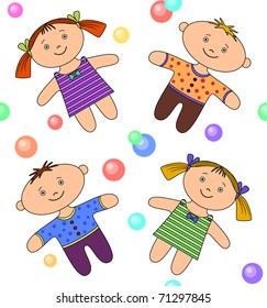 Vector seamless background. Toys, boy girl and bubbles