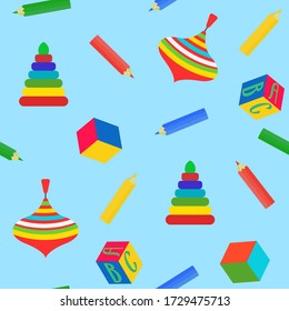 Vector de fondo transparente con juguetes para niños, pirámide y yule sobre un fondo azul. Para decoración textil, embalaje, diseño web.