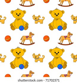 Vector seamless background, toys: teddy bear with ball, dog and horsy