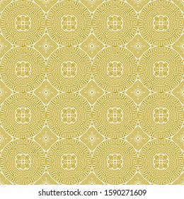 Vector seamless background in traditional greek ethnic style. Geometric line art ornament in gold and white. Design template for invitations, cards, menu, wallpaper. For printing on textiles, bedding
