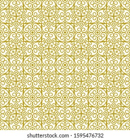 Vector seamless background in traditional oriental ethnic style. Geometric floral line art luxury ornament in gold and white. Design template for greeting, birthday, card, wedding, menu, wallpaper