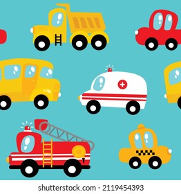Vector seamless background with transport. Pattern with cartoon cars. Children's pattern. Taxi, fire truck, ambulance, truck, bus.