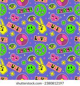 El vector es un fondo impecable en un estilo retro-trippy moderno. Ilustración vectorial loca. Rostros sonrientes de groovía, vinilo, símbolo de paz, mano de roca, ácido, estilo trippy concepto de papel tapiz sin fisuras 