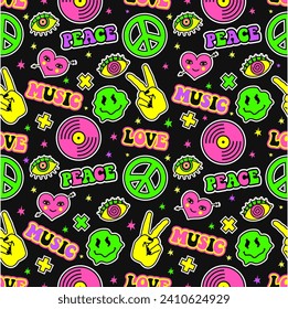 El vector es un fondo impecable en un estilo retro-trippy moderno. Ilustración vectorial loca. Rostros sonrientes de groovía, vinilo, símbolo de paz, mano de roca, ácido, estilo trippy concepto de papel tapiz sin fisuras 
