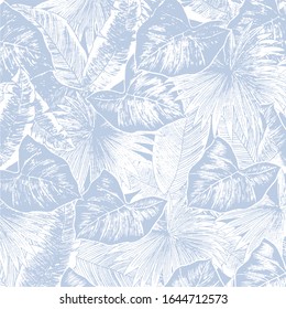 Vector Seamless Background with Tropic Plants, Tropical Pattern. Seamless Texture with Bright Hand Drawn Leaves of Exotic Tree, vector.