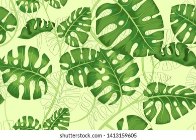 Vector seamless background with tropical plants monstera vines on light green background exotic green leaves. For fashion design or wall paper