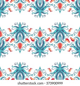 Vector seamless background. Tulip flower borders and decor with leaves.