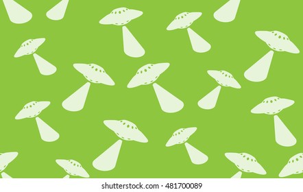 Vector seamless background of UFO. Green texture of a UFO flying in different directions