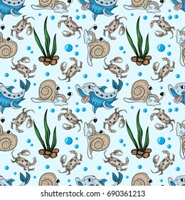 Vector seamless background underwater life child drawing