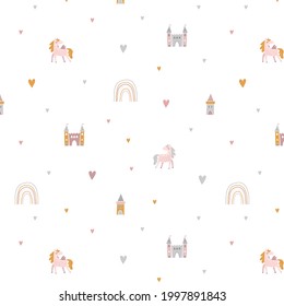 Vector seamless background with unicorns, castle, clouds and cute baby elements. Suitable for decorating a children's room, wallpaper, textiles, prints.