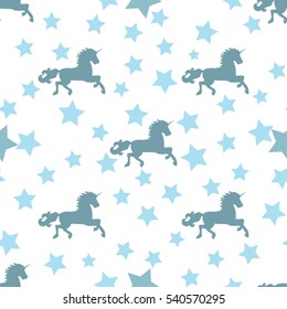 Vector seamless background of unicorns and stars. Beautiful, kind, fairytale pattern for packaging design, web pages, wrap, gift, wallpaper