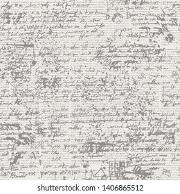 Vector seamless background with unreadable text. Handwritten notes and doodles on the old newspaper page with blots and spots in retro style. Can be used as wallpaper, wrapping paper or fabric