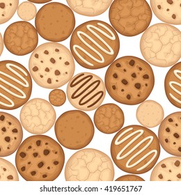 Vector seamless background with various cookies on a white background.