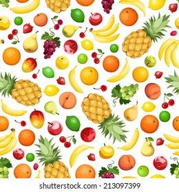 Vector de fondo sin fisuras con varias frutas en blanco.