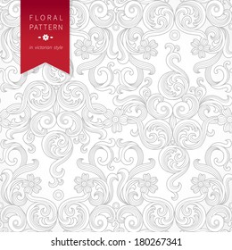 Vector seamless background in Victorian style. Traditional floral pattern. Ornamental wallpaper. Light grey backdrop.It can be used for wallpaper, pattern fills, web page background, surface textures.