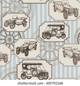 Vector seamless background with vintage cars and wheels