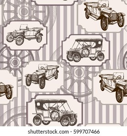 Vector seamless background with vintage retro cars and wheels. Perfect for textiles, wallpaper and prints.