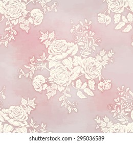 Vector seamless background in vintage style. Silhouette of a bouquet victorian garden roses on watercolor backdrop. Hand drawing