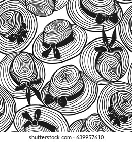 Vector seamless background with vintage summer hat on a white
