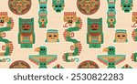 Vector seamless background, with vintage tribal idols, demons, inspired by ancient cultures: Maya and Aztecs, on a light background for visual effect.