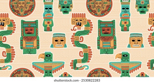 Vector seamless background, with vintage tribal idols, demons, inspired by ancient cultures: Maya and Aztecs, on a light background for visual effect.