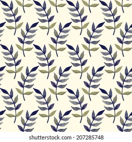 Vector seamless background with watercolor stylized floral pattern with blue and green leaves