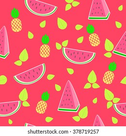 Vector seamless background with watermelon, pineapple and mint leaves