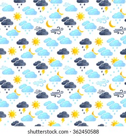 Vector seamless background with weather icons isolated on white. Vector seamless pattern with triangle weather icons illustration. Polygonal style icons sun, cloud, rain and wind.