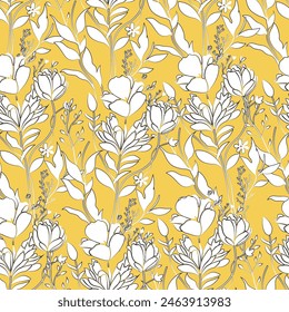 Vector seamless background white minimalist abstract floral pattern Modern print on yellow background. Suitable for textile design Screensavers, covers, cards, invitations, posters, gift wrap