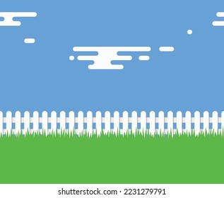 vector seamless background of white picket fence boundary, green grass, blue sky and clouds. rural illustration with wooden picket fence