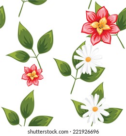 vector seamless background with white and red flowers and leaves
