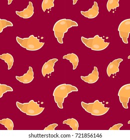 Vector seamless background with whole and bitten croissants in flat style on red background.