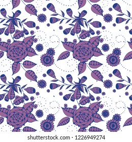 Vector Seamless Background with Wild Flowers in Liberty Style. Spring Floral Texture with Hand Drawn Doodle Blossoms, Leaves and Buds. Small Natural Rapport for Print, Cotton, Calico. Vector.