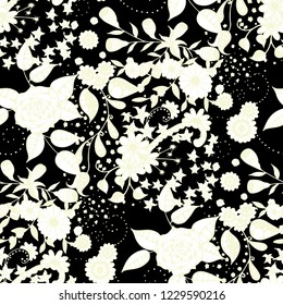 Vector Seamless Background with Wild Flowers in Rustic Style. Autumn Floral Texture with Hand Drawn Doodle Blossoms, Leaves and Buds. Small Natural Rapport for Dress, Print, Cotton. Vector.