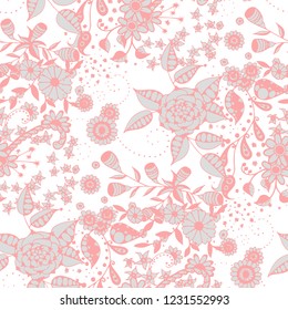 Vector Seamless Background with Wild Flowers in Country Style. Autumn Floral Texture with Hand Drawn Doodle Blossoms, Leaves and Buds. Small Natural Rapport for Chintz, Linen, Calico. Vector.