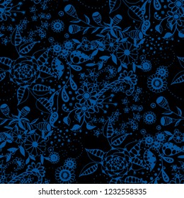 Vector Seamless Background with Wild Flowers in Liberty Style. Spring Floral Texture with Hand Drawn Doodle Blossoms, Leaves and Buds. Small Natural Rapport for Fabric, Cloth, Textile. Vector.