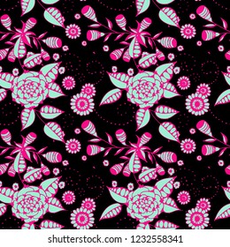 Vector Seamless Background with Wild Flowers in Rustic Style. Summer Floral Texture with Hand Drawn Doodle Blossoms, Leaves and Buds. Small Natural Rapport for Fabric, Cloth, Paper. Vector.