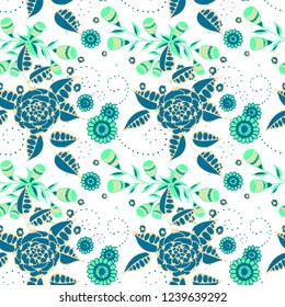 Vector Seamless Background with Wild Flowers in Rustic Style. Spring Floral Texture with Hand Drawn Doodle Blossoms, Leaves and Buds. Small Natural Rapport for Dress, Print, Cotton. Vector.