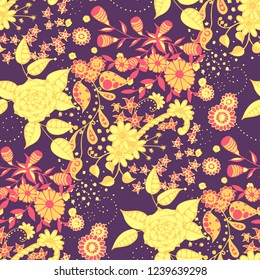 Vector Seamless Background with Wild Flowers in Liberty Style. Summer Floral Texture with Hand Drawn Doodle Blossoms, Leaves and Buds. Small Natural Rapport for Dress, Print, Paper. Vector.