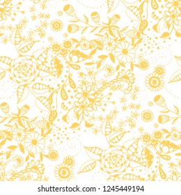 Vector Seamless Background with Wild Flowers in Liberty Style. Summer Floral Texture with Hand Drawn Doodle Blossoms, Leaves and Buds. Small Natural Rapport for Dress, Print, Cotton. Vector.