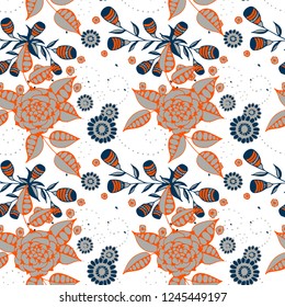 Vector Seamless Background with Wild Flowers in Rustic Style. Spring Floral Texture with Hand Drawn Doodle Blossoms, Leaves and Buds. Small Natural Rapport for Dress, Print, Paper. Vector.