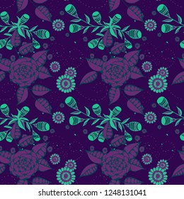 Vector Seamless Background with Wild Flowers in Rustic Style. Spring Floral Texture with Hand Drawn Doodle Blossoms, Leaves and Buds. Small Natural Rapport for Dress, Cloth, Paper. Vector.