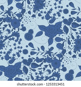 Vector Seamless Background with Wild Flowers in Liberty Style. Autumn Floral Texture with Hand Drawn Doodle Blossoms, Leaves and Buds. Small Natural Rapport for Fabric, Cloth, Textile. Vector.