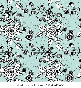 Vector Seamless Background with Wild Flowers in Rustic Style. Spring Floral Texture with Hand Drawn Doodle Blossoms, Leaves and Buds. Small Natural Rapport for Dress, Print, Cotton. Vector.