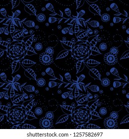 Vector Seamless Background with Wild Flowers in Liberty Style. Spring Floral Texture with Hand Drawn Doodle Blossoms, Leaves and Buds. Small Natural Rapport for Dress, Cloth, Paper. Vector.
