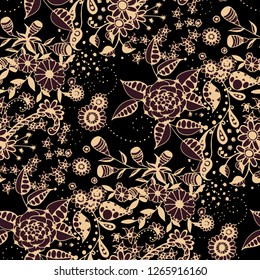 Vector Seamless Background with Wild Flowers in Country Style. Summer Floral Texture with Hand Drawn Doodle Blossoms, Leaves and Buds. Small Natural Rapport for Dress, Print, Cotton. Vector.
