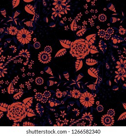 Vector Seamless Background with Wild Flowers in Liberty Style. Spring Floral Texture with Hand Drawn Doodle Blossoms, Leaves and Buds. Small Natural Rapport for Print, Cotton, Calico. Vector.