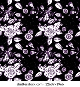 Vector Seamless Background with Wild Flowers in Liberty Style. Summer Floral Texture with Hand Drawn Doodle Blossoms, Leaves and Buds. Small Natural Rapport for Dress, Print, Cotton. Vector.
