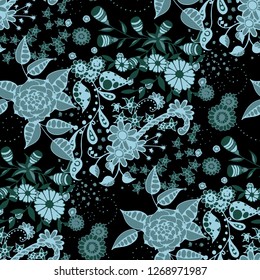 Vector Seamless Background with Wild Flowers in Liberty Style. Spring Floral Texture with Hand Drawn Doodle Blossoms, Leaves and Buds. Small Natural Rapport for Chintz, Linen, Calico. Vector.