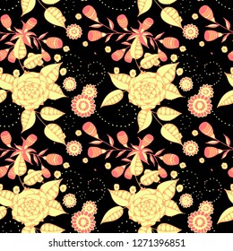 Vector Seamless Background with Wild Flowers in Rustic Style. Summer Floral Texture with Hand Drawn Doodle Blossoms, Leaves and Buds. Small Natural Rapport for Dress, Print, Cotton. Vector.